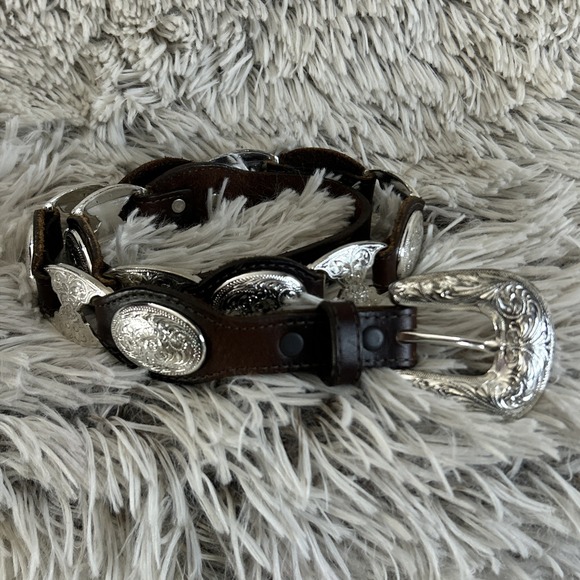 Tony Lama 1996 Western Concho Belt Silver Engraved Brown Leather Cowgirl Vtg 28